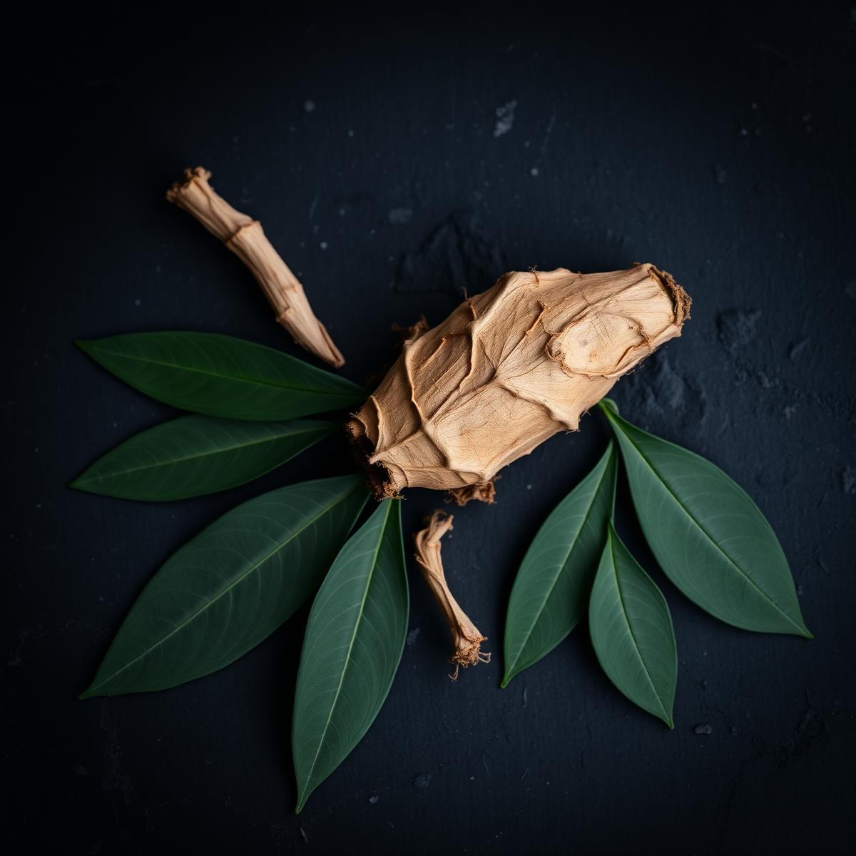 Kava root and kratom leaves